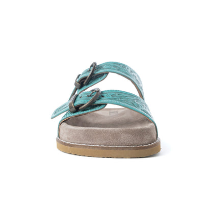 Myra Bluebell Ranch Handtooled Leather Sandals in Alpine Teal