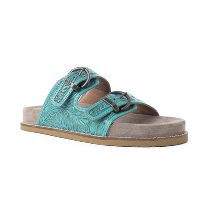 Myra Bluebell Ranch Handtooled Leather Sandals in Alpine Teal