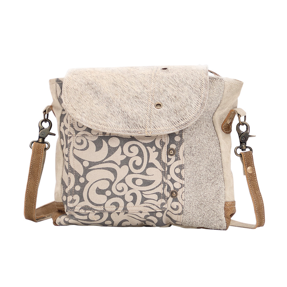 Myra Factual Hairon Leather Messenger Bag Swirl Canvas, White Hairon Flap, Rustic Straps for Everyday Western Style