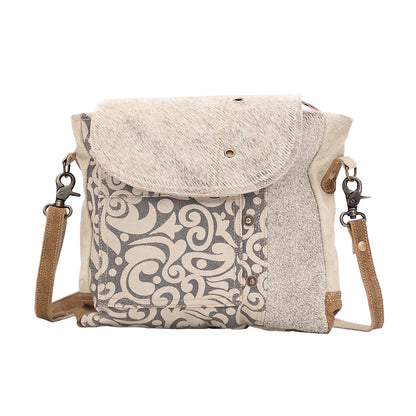 Myra Factual Hairon Leather Messenger Bag Swirl Canvas, White Hairon Flap, Rustic Straps for Everyday Western Style