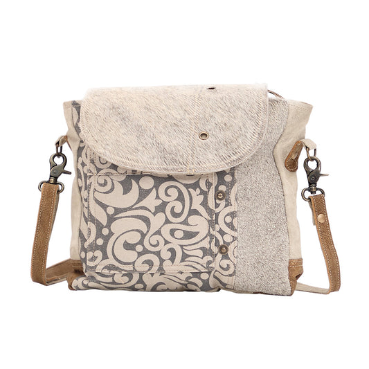 Myra Factual Hairon Leather Messenger Bag Swirl Canvas, White Hairon Flap, Rustic Straps for Everyday Western Style
