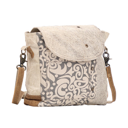 Myra Factual Hairon Leather Messenger Bag Swirl Canvas, White Hairon Flap, Rustic Straps for Everyday Western Style
