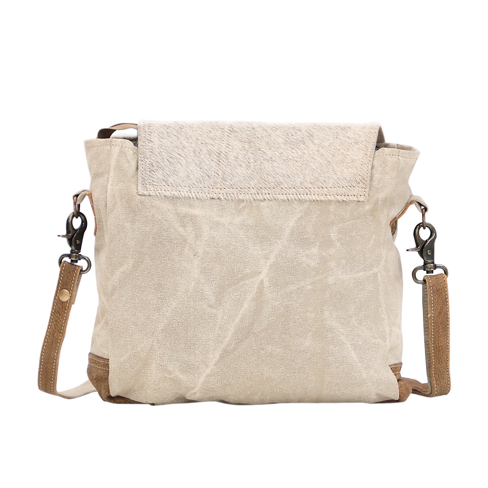 Myra Factual Hairon Leather Messenger Bag Swirl Canvas, White Hairon Flap, Rustic Straps for Everyday Western Style
