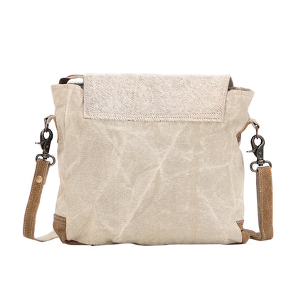 Myra Factual Hairon Leather Messenger Bag Swirl Canvas, White Hairon Flap, Rustic Straps for Everyday Western Style