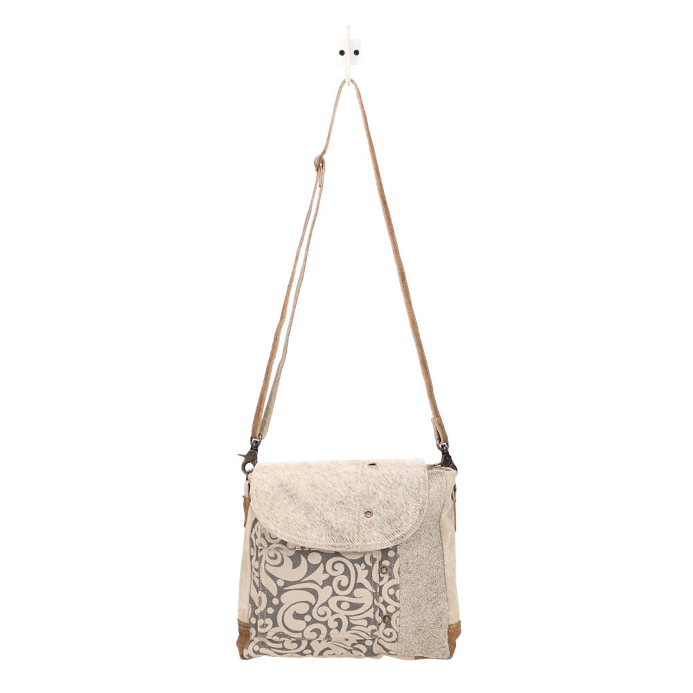 Myra Factual Hairon Leather Messenger Bag Swirl Canvas, White Hairon Flap, Rustic Straps for Everyday Western Style