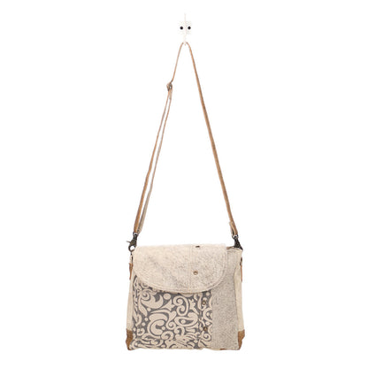 Myra Factual Hairon Leather Messenger Bag Swirl Canvas, White Hairon Flap, Rustic Straps for Everyday Western Style