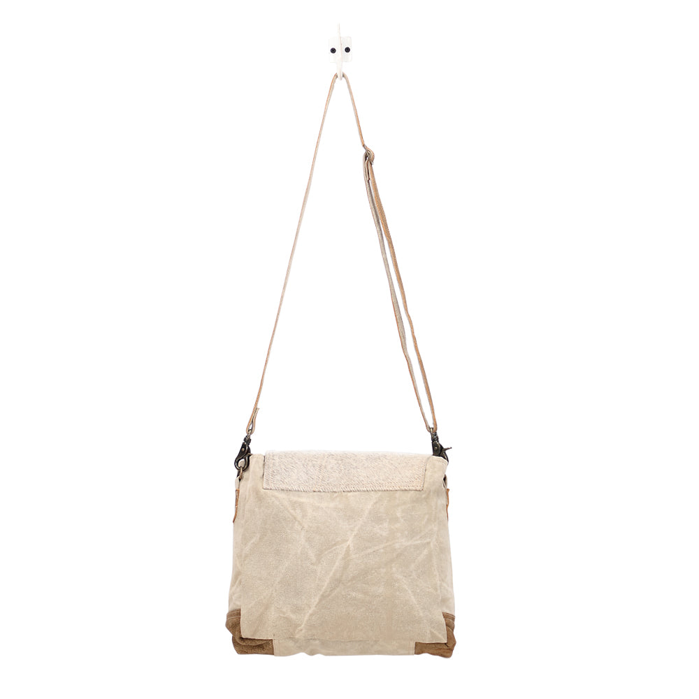Myra Factual Hairon Leather Messenger Bag Swirl Canvas, White Hairon Flap, Rustic Straps for Everyday Western Style