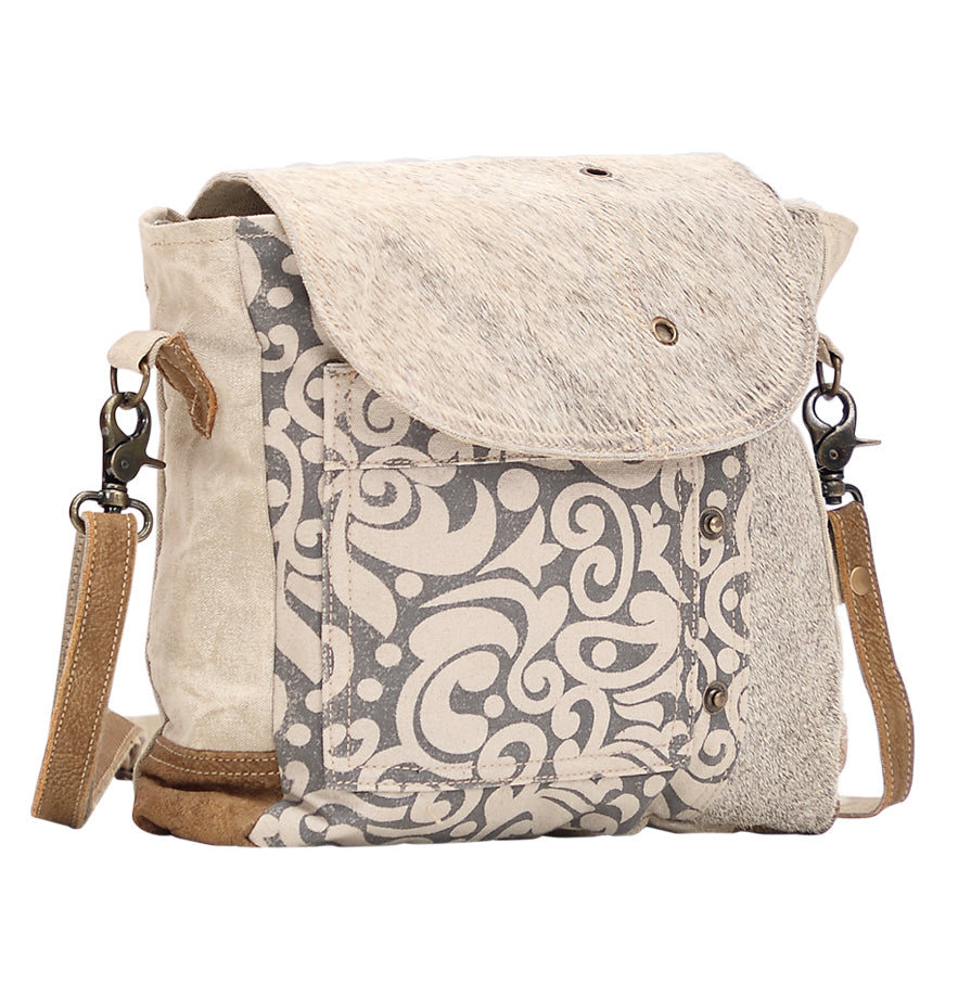 Myra Factual Hairon Leather Messenger Bag Swirl Canvas, White Hairon Flap, Rustic Straps for Everyday Western Style