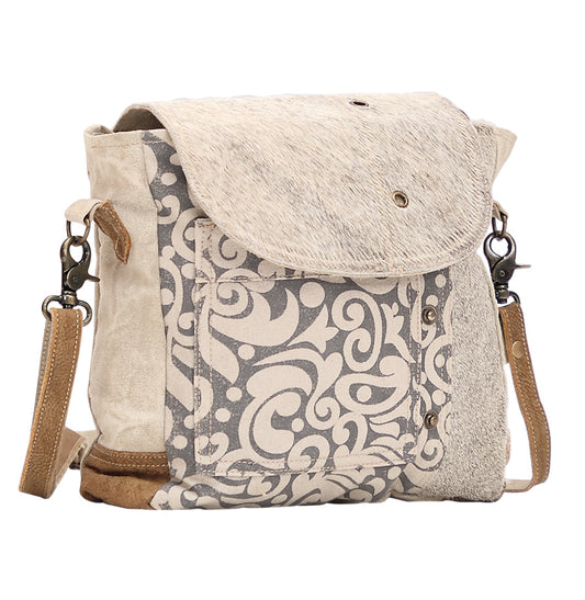 Myra Factual Hairon Leather Messenger Bag Swirl Canvas, White Hairon Flap, Rustic Straps for Everyday Western Style
