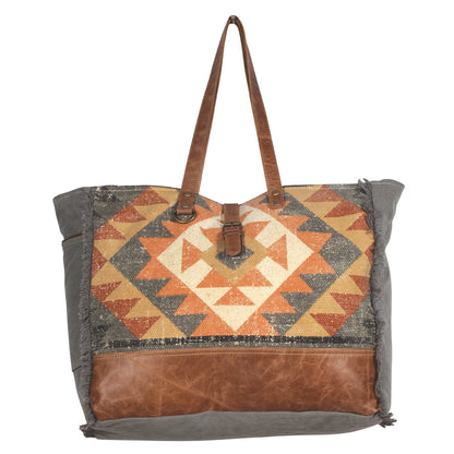 Myra Cosmopolitan Weekender Tote Bag â€“ Fringed Edges, Aztec Print Design with Buckle Flap Closure for Travel