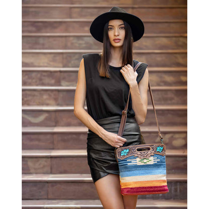 Myra Azure Petals Woven Crossbody Bag with Handtooled Leather Multicolor Embroidery, Adjustable Strap & Cutout Handle