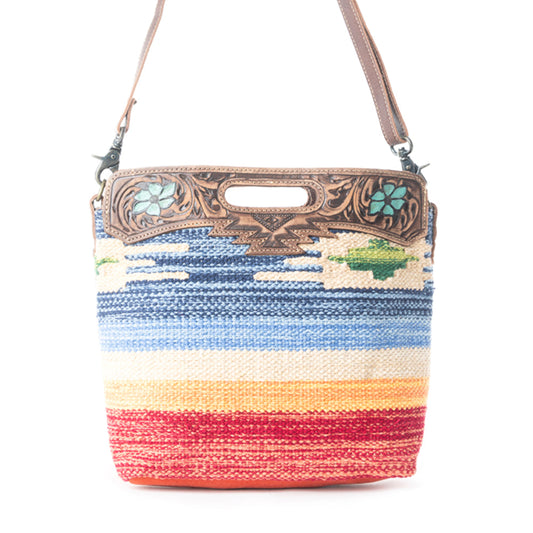 Myra Azure Petals Woven Crossbody Bag with Handtooled Leather Multicolor Embroidery, Adjustable Strap & Cutout Handle