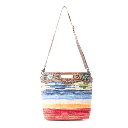 Myra Azure Petals Woven Crossbody Bag with Handtooled Leather Multicolor Embroidery, Adjustable Strap & Cutout Handle
