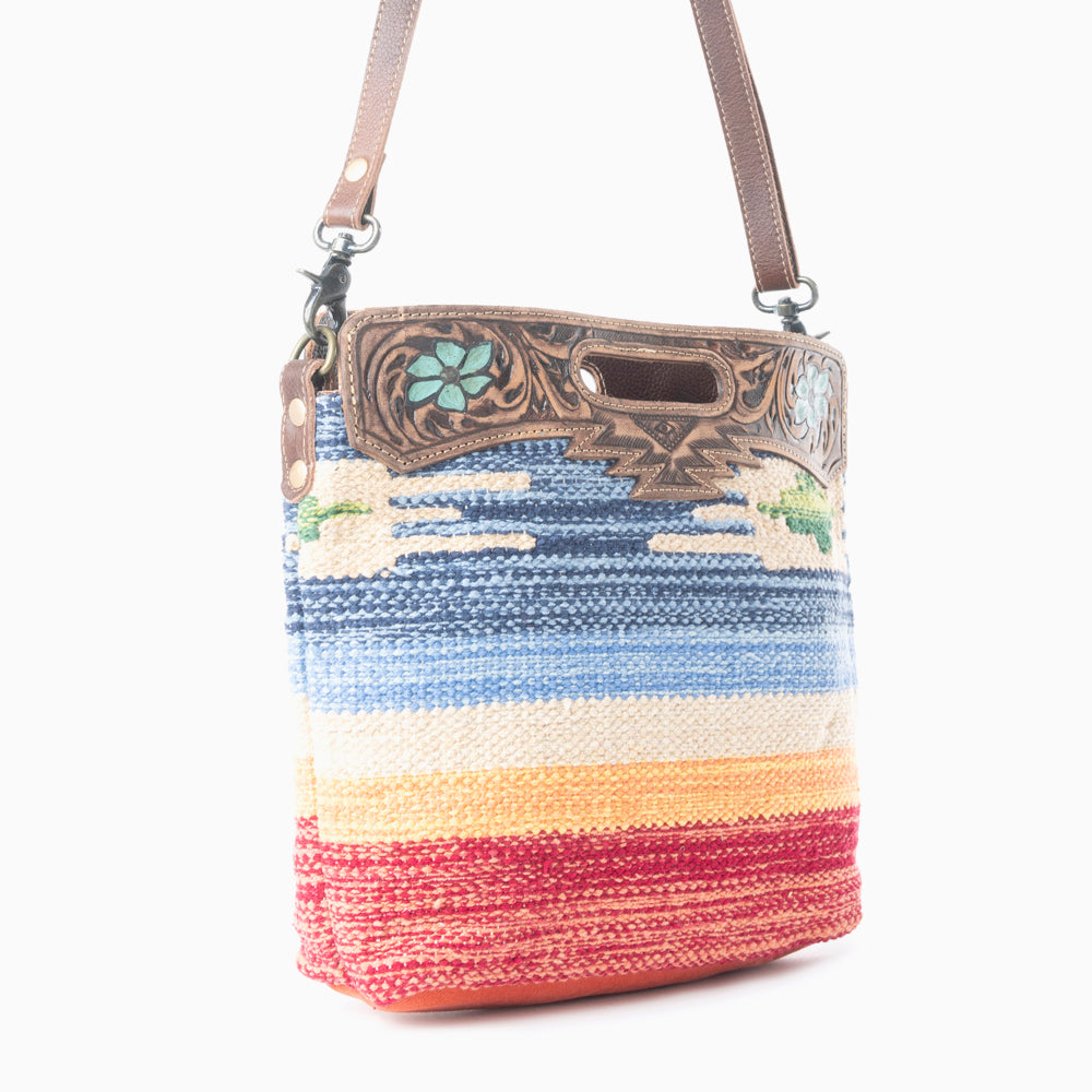 Myra Azure Petals Woven Crossbody Bag with Handtooled Leather Multicolor Embroidery, Adjustable Strap & Cutout Handle