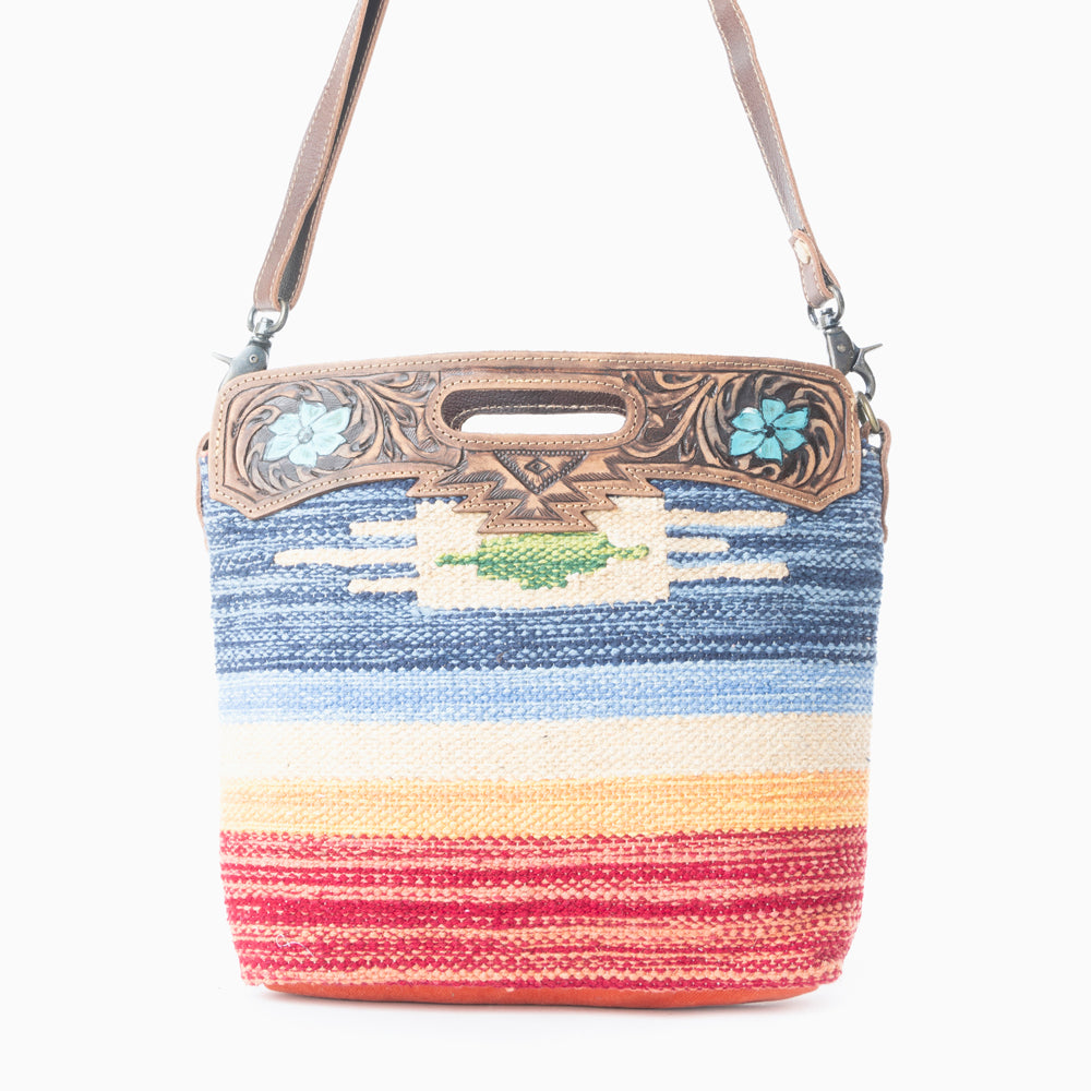Myra Azure Petals Woven Crossbody Bag with Handtooled Leather Multicolor Embroidery, Adjustable Strap & Cutout Handle