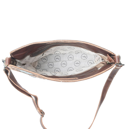 Myra Azure Petals Woven Crossbody Bag with Handtooled Leather Multicolor Embroidery, Adjustable Strap & Cutout Handle