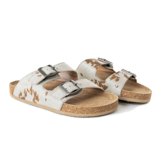Myra Restful Hairon Leather Slides for Women – Adjustable Straps, Cork Footbed & Stylish Dual Buckle