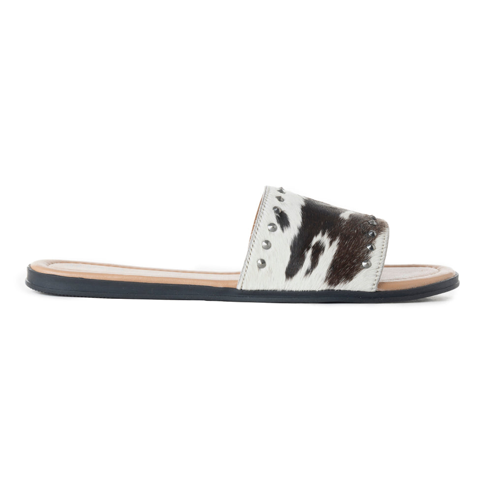 Myra Wild Dust Hairon Leather Slide Sandals Studded Flats for Women, Slip-On Comfort with Western Charm