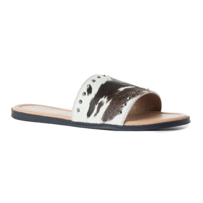 Myra Wild Dust Hairon Leather Slide Sandals Studded Flats for Women, Slip-On Comfort with Western Charm