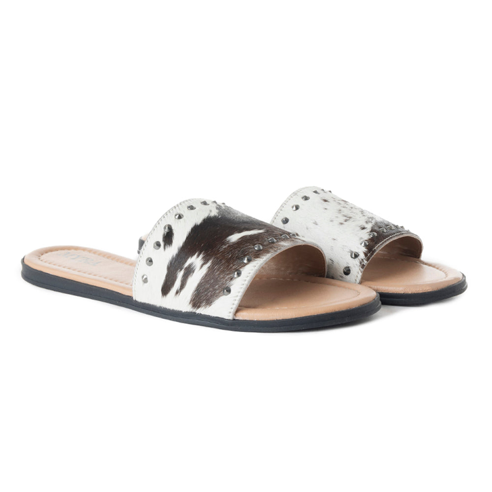 Myra Wild Dust Hairon Leather Slide Sandals Studded Flats for Women, Slip-On Comfort with Western Charm