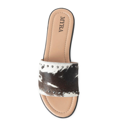 Myra Wild Dust Hairon Leather Slide Sandals Studded Flats for Women, Slip-On Comfort with Western Charm