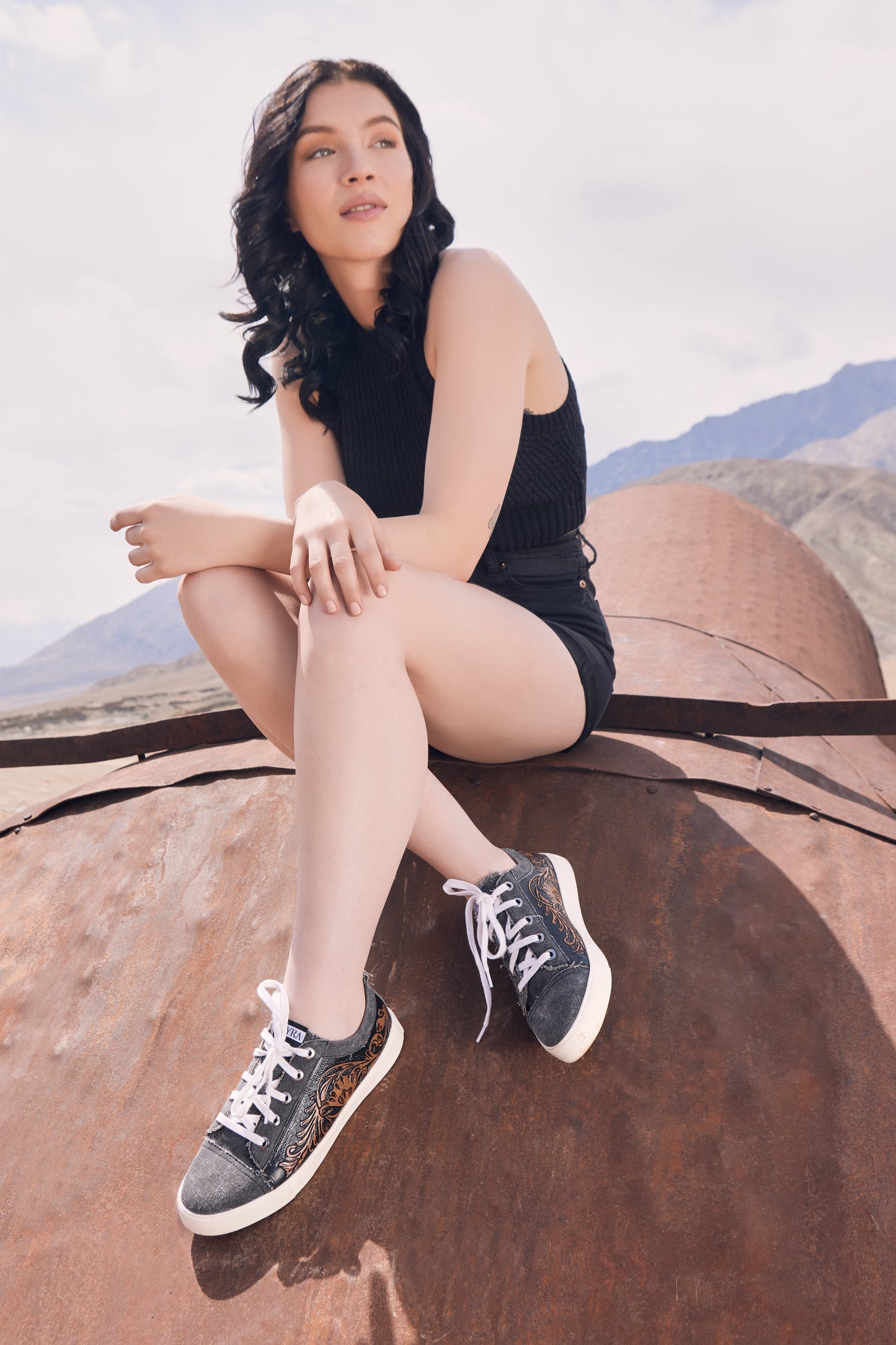 Myra Limited Edition Leather Sneakers for Women - Hand-Tooled Western Lace-Up