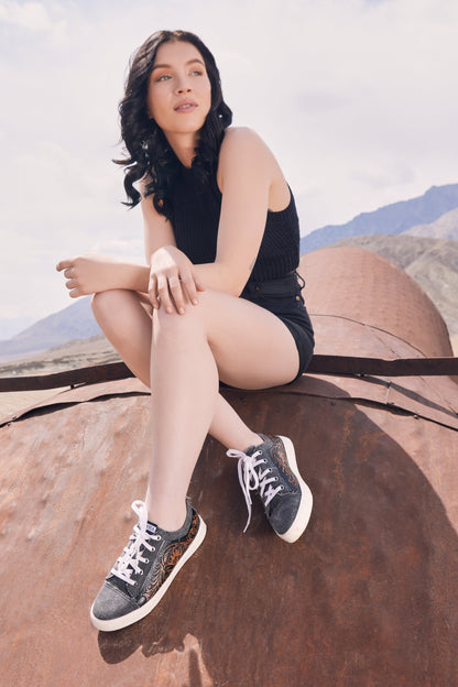Myra Limited Edition Leather Sneakers for Women - Hand-Tooled Western Lace-Up