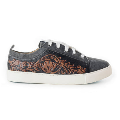 Myra Limited Edition Leather Sneakers for Women - Hand-Tooled Western Lace-Up