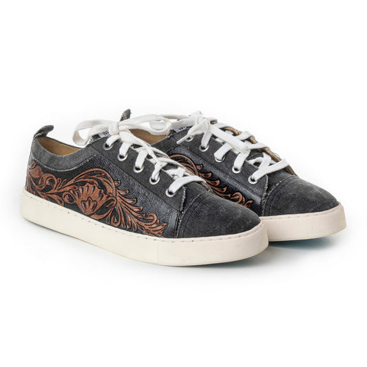 Myra Limited Edition Leather Sneakers for Women - Hand-Tooled Western Lace-Up