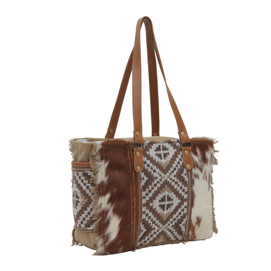 Myra Elisa Le Hairon Leather Tote Bag – Fringe Accents, Handwoven Tribal Design for Everyday Use