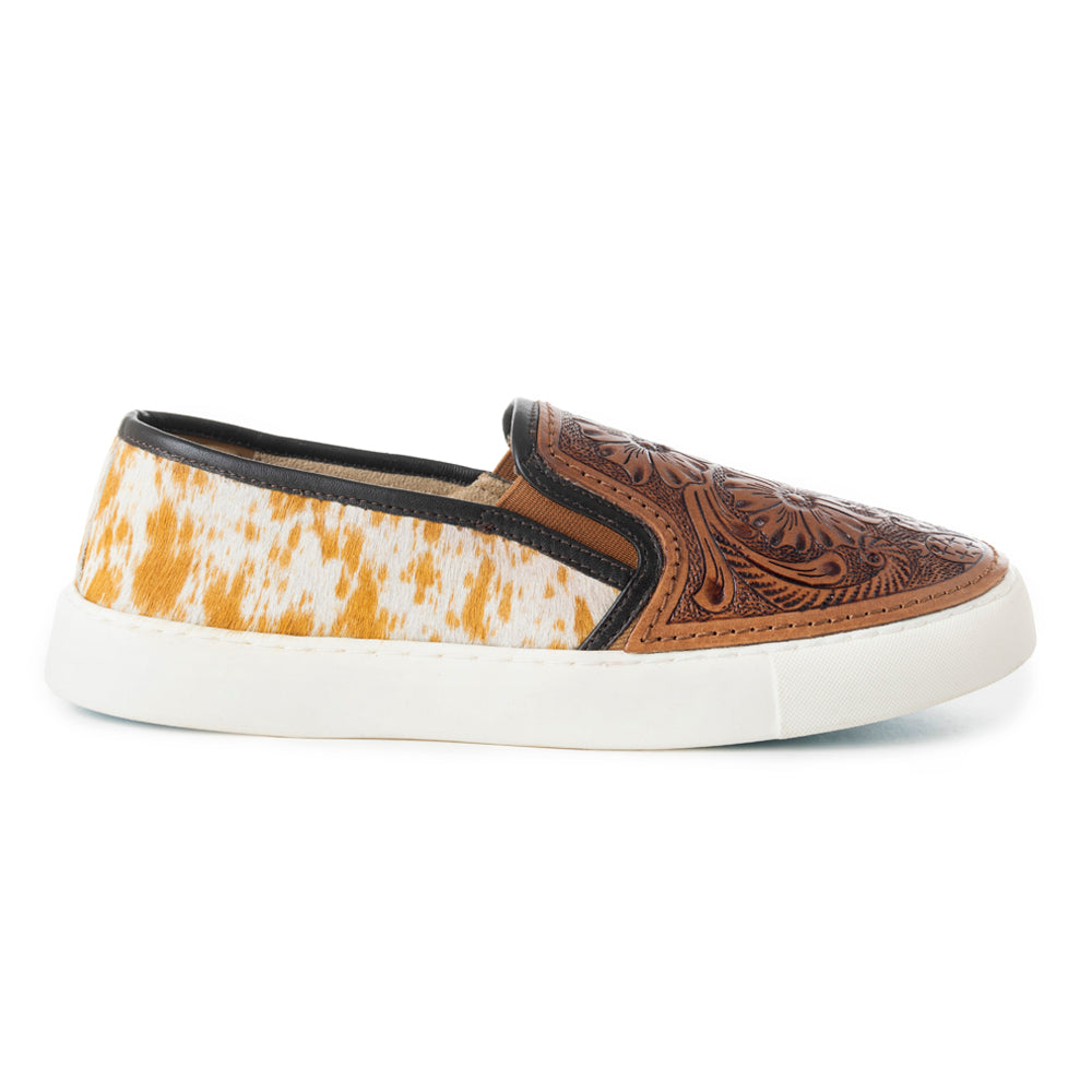 Myra Kryptun Western Hand Tooled Floral Hairon Leather Slip-On Womens Sneakers