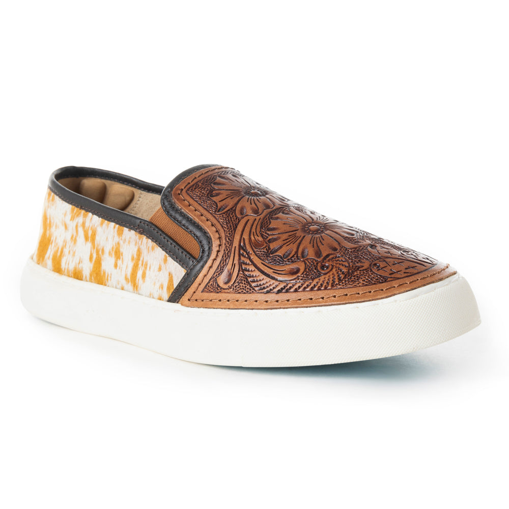 Myra Kryptun Western Hand Tooled Floral Hairon Leather Slip-On Womens Sneakers