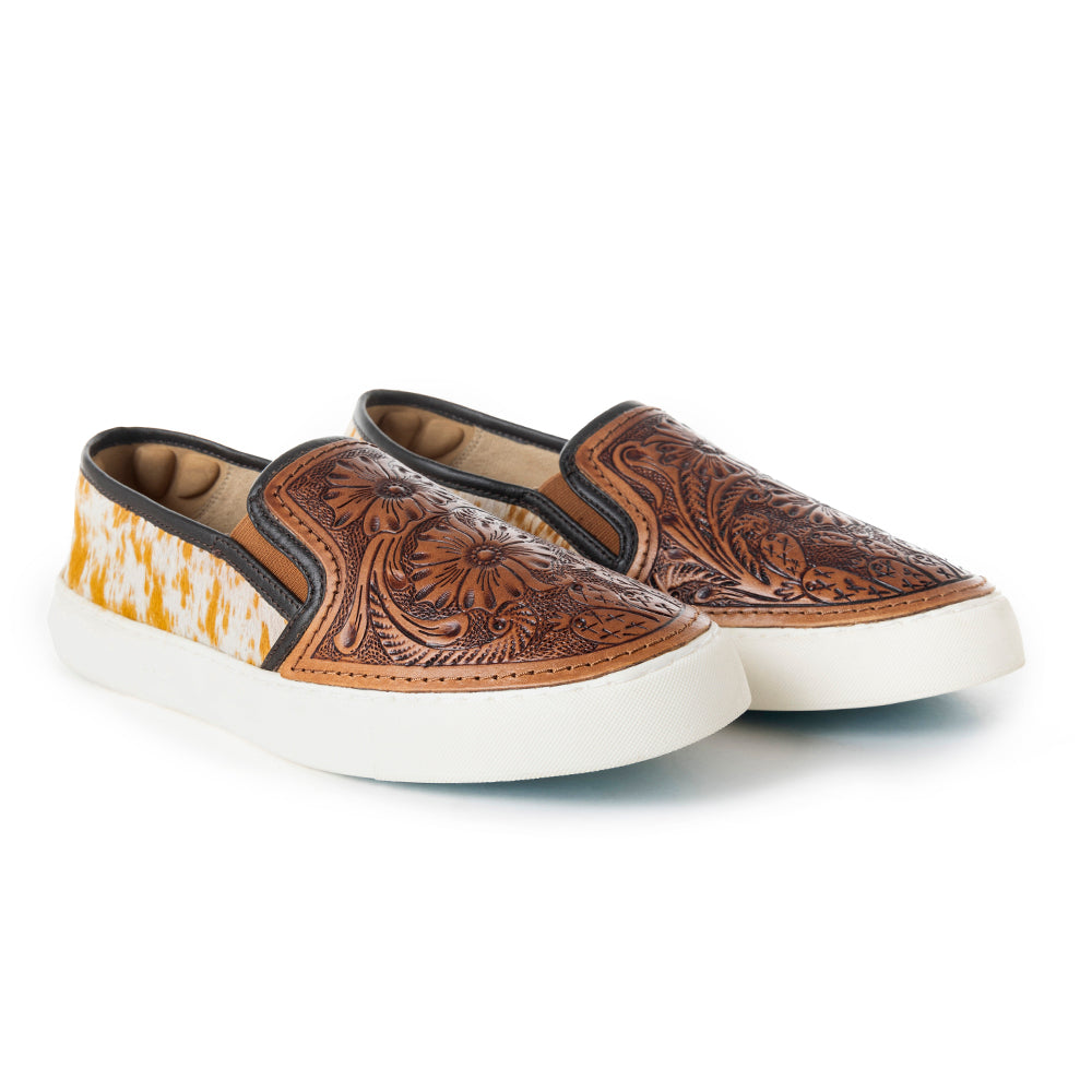 Myra Kryptun Western Hand Tooled Floral Hairon Leather Slip-On Womens Sneakers