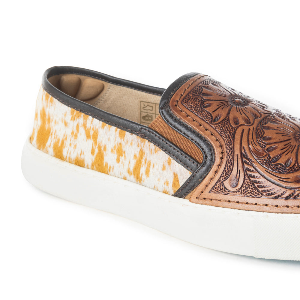 Myra Kryptun Western Hand Tooled Floral Hairon Leather Slip-On Womens Sneakers