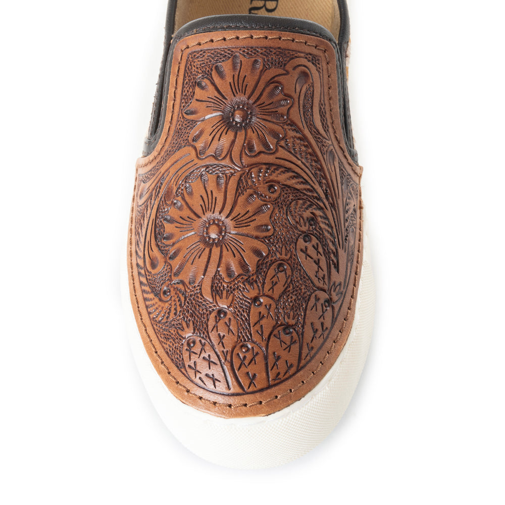 Myra Kryptun Western Hand Tooled Floral Hairon Leather Slip-On Womens Sneakers