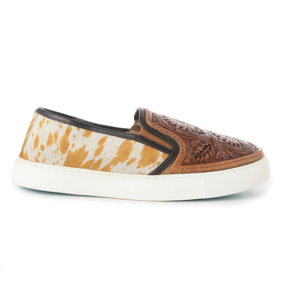 Myra Rodon Western Hand Tooled Floral Leather Hairon Slip-On Sneakers