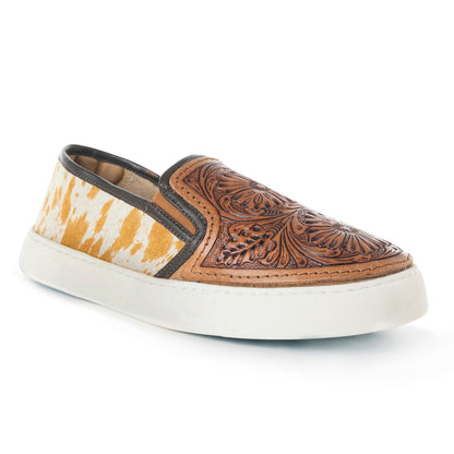 Myra Rodon Western Hand Tooled Floral Leather Hairon Slip-On Sneakers