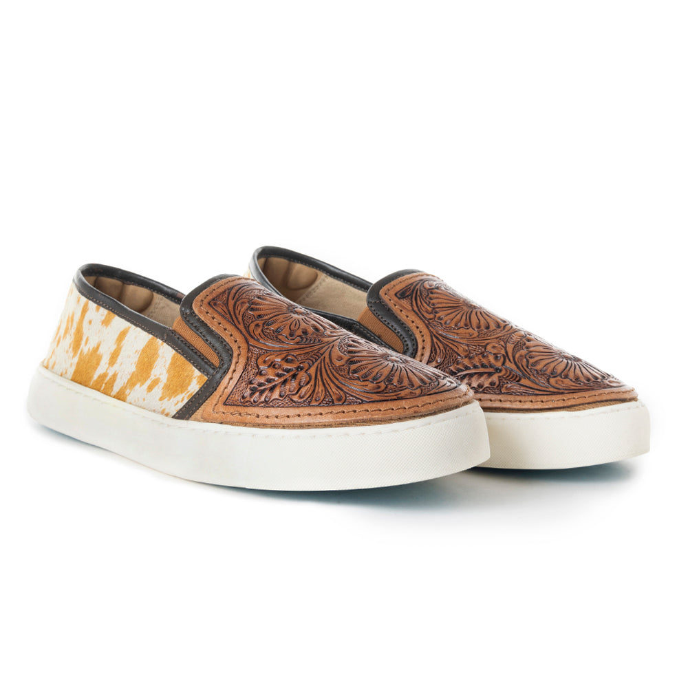 Myra Rodon Western Hand Tooled Floral Leather Hairon Slip-On Sneakers
