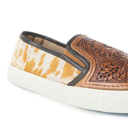 Myra Rodon Western Hand Tooled Floral Leather Hairon Slip-On Sneakers