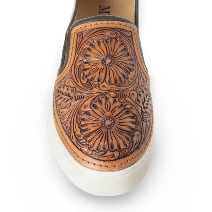 Myra Rodon Western Hand Tooled Floral Leather Hairon Slip-On Sneakers