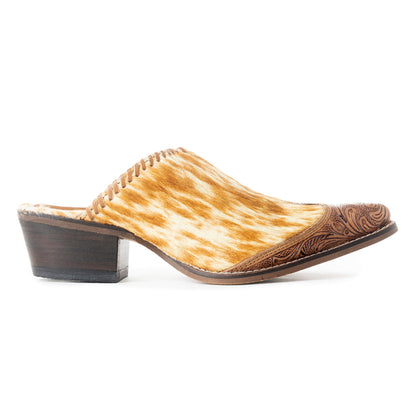 Myra Orange Western Hairon Leather Mules for Women Pointed Toe, Low Heels, Handtooled Western Slip-Ons