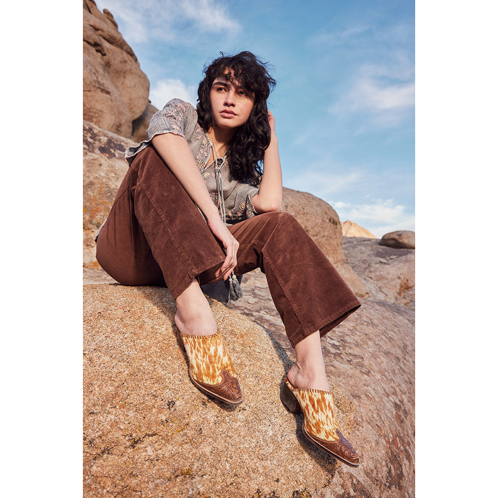 Myra Orange Western Hairon Leather Mules for Women Pointed Toe, Low Heels, Handtooled Western Slip-Ons