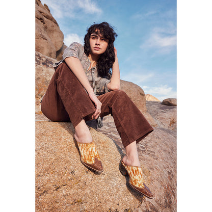 Myra Orange Western Hairon Leather Mules for Women Pointed Toe, Low Heels, Handtooled Western Slip-Ons