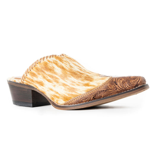 Myra Orange Western Hairon Leather Mules for Women Pointed Toe, Low Heels, Handtooled Western Slip-Ons