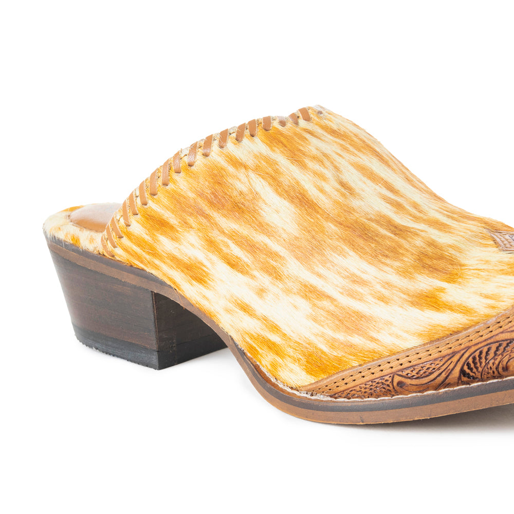 Myra Orange Western Hairon Leather Mules for Women Pointed Toe, Low Heels, Handtooled Western Slip-Ons