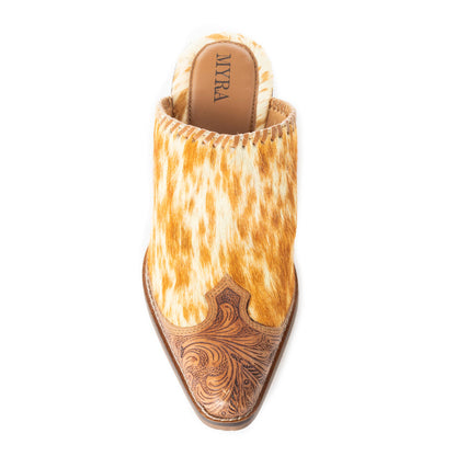 Myra Orange Western Hairon Leather Mules for Women Pointed Toe, Low Heels, Handtooled Western Slip-Ons