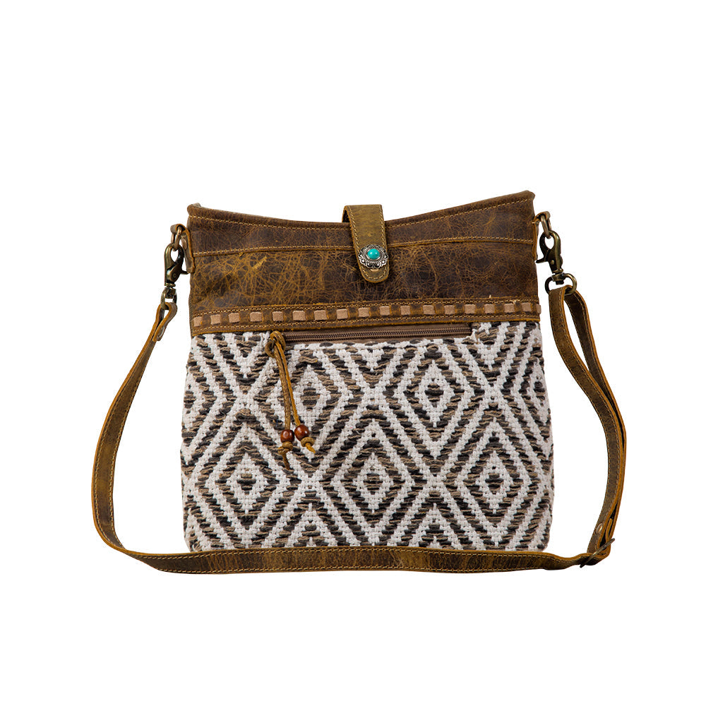 Myra Sand Weaver Shoulder Bag for Women Rustic Brown Leather, Jacquard Geometric Print, Turquoise Stone Snap for Ranch Chic
