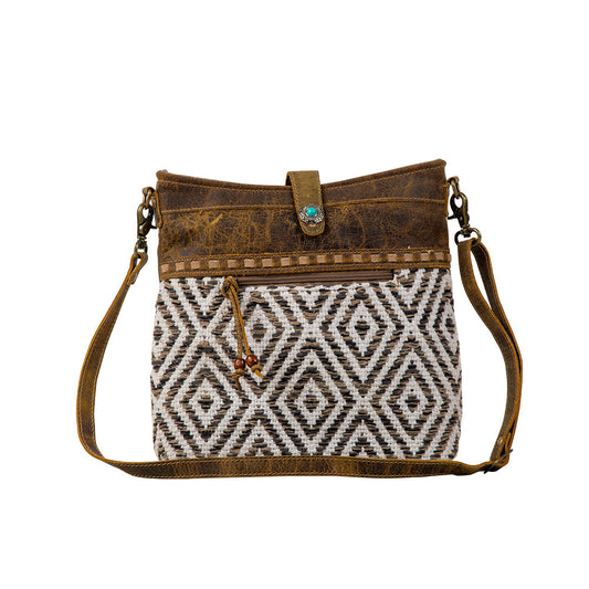 Myra Sand Weaver Shoulder Bag for Women Rustic Brown Leather, Jacquard Geometric Print, Turquoise Stone Snap for Ranch Chic