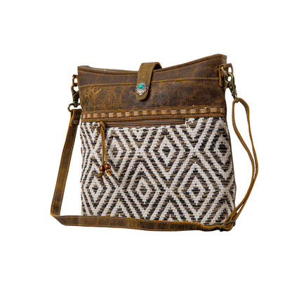 Myra Sand Weaver Shoulder Bag for Women Rustic Brown Leather, Jacquard Geometric Print, Turquoise Stone Snap for Ranch Chic
