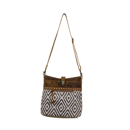 Myra Sand Weaver Shoulder Bag for Women Rustic Brown Leather, Jacquard Geometric Print, Turquoise Stone Snap for Ranch Chic